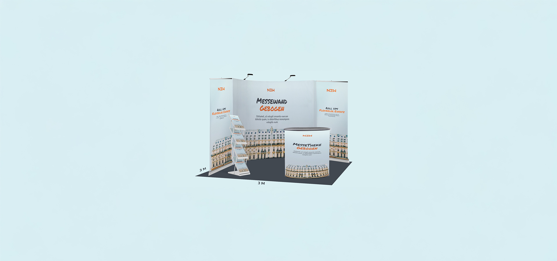 3x3m Messestand mit gebogener Messewand, Messestheke und Broschürenständer, gekennzeichnet mit 