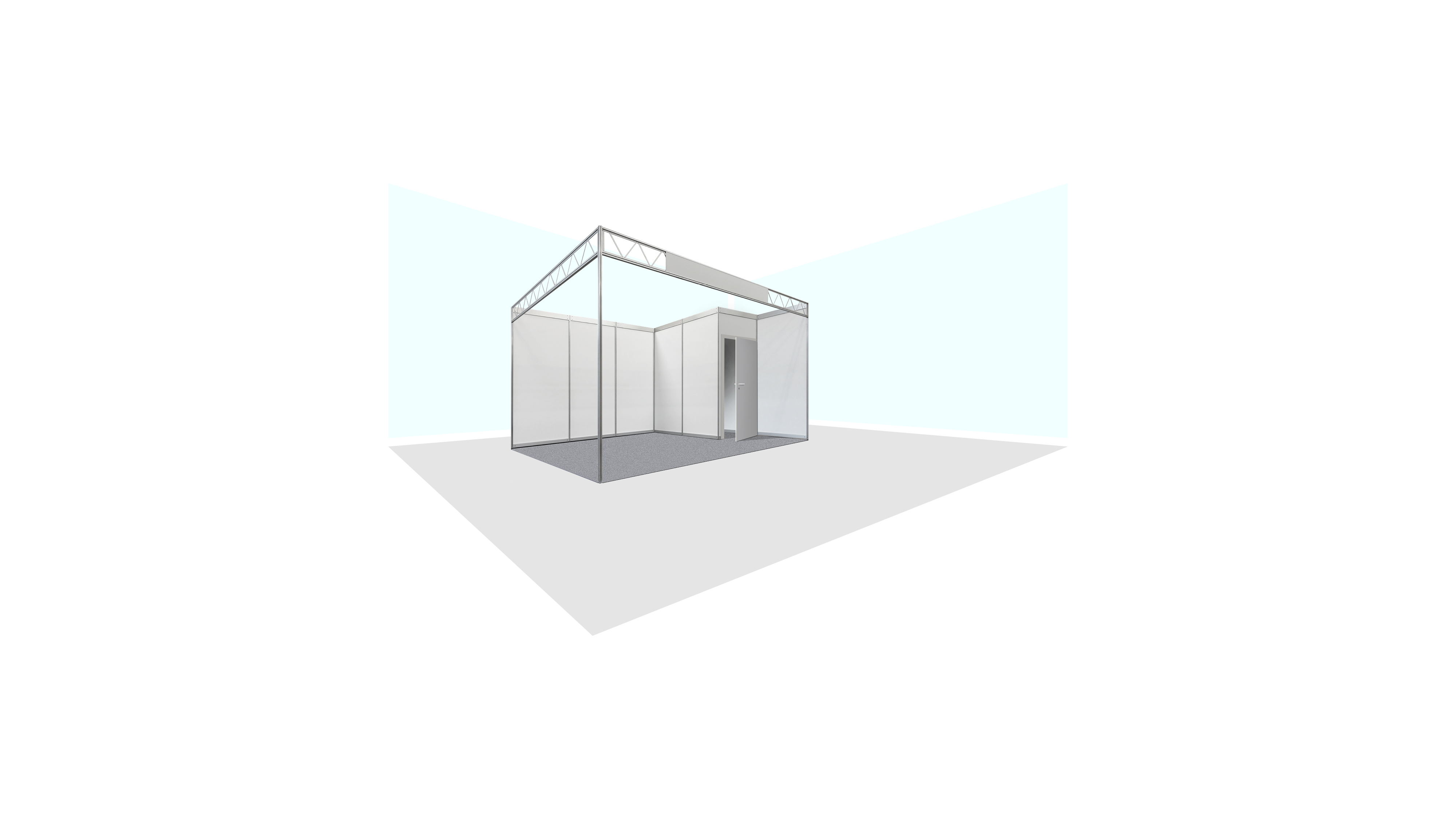 Beispiel für einen modernen Messestand mit Metallrahmen, weißen Wandpaneelen und Teppichboden – Visualisierung des Standbau-Services von N3W-Messeservice.