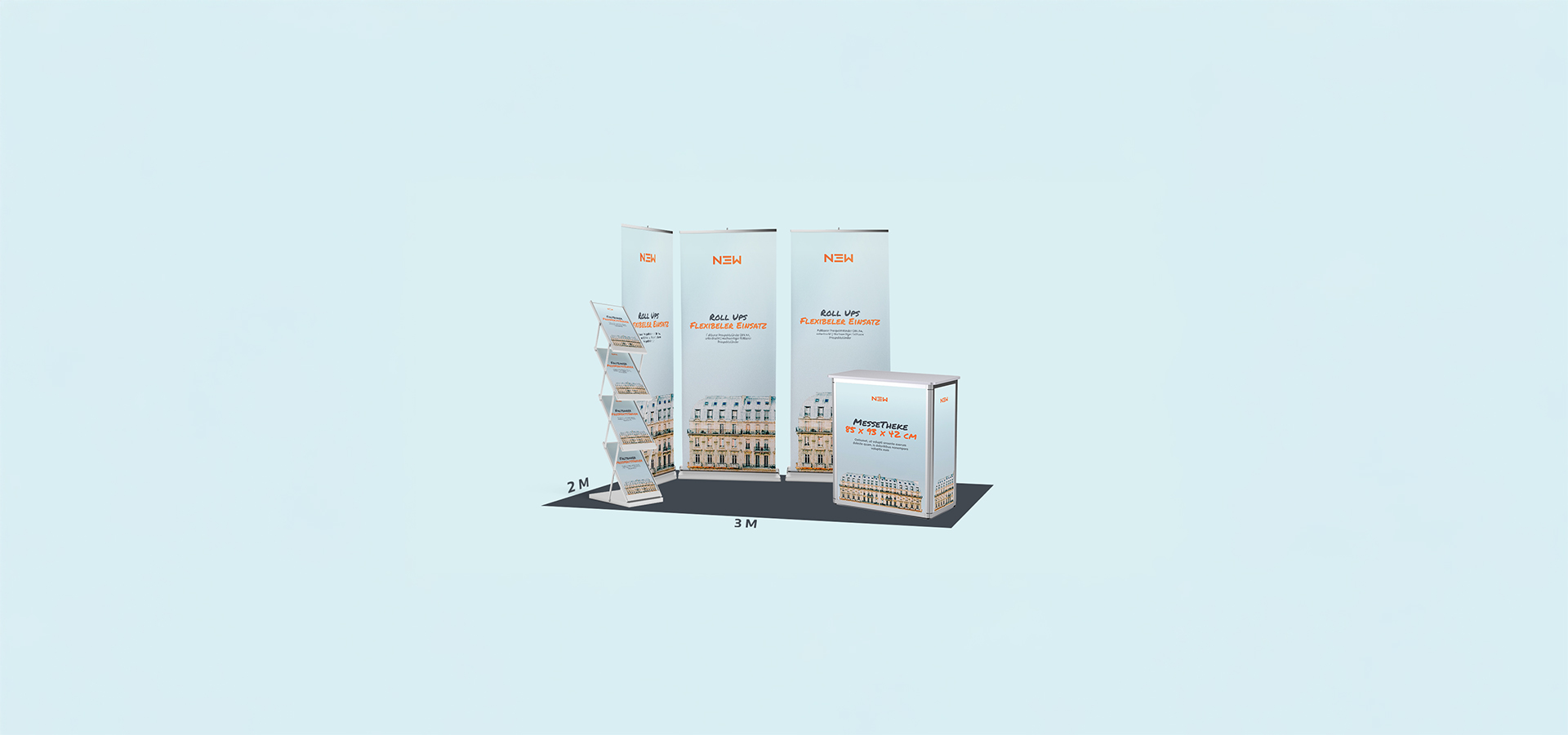 Kleines Messestandpaket von N3W-Messeservice mit drei Roll-ups, einem Broschürenständer und einer Theke, ideal für flexible Einsätze bei Ausstellungen – unterstützt Aussteller bei der Planung und Umsetzung ihres Messeauftritts.