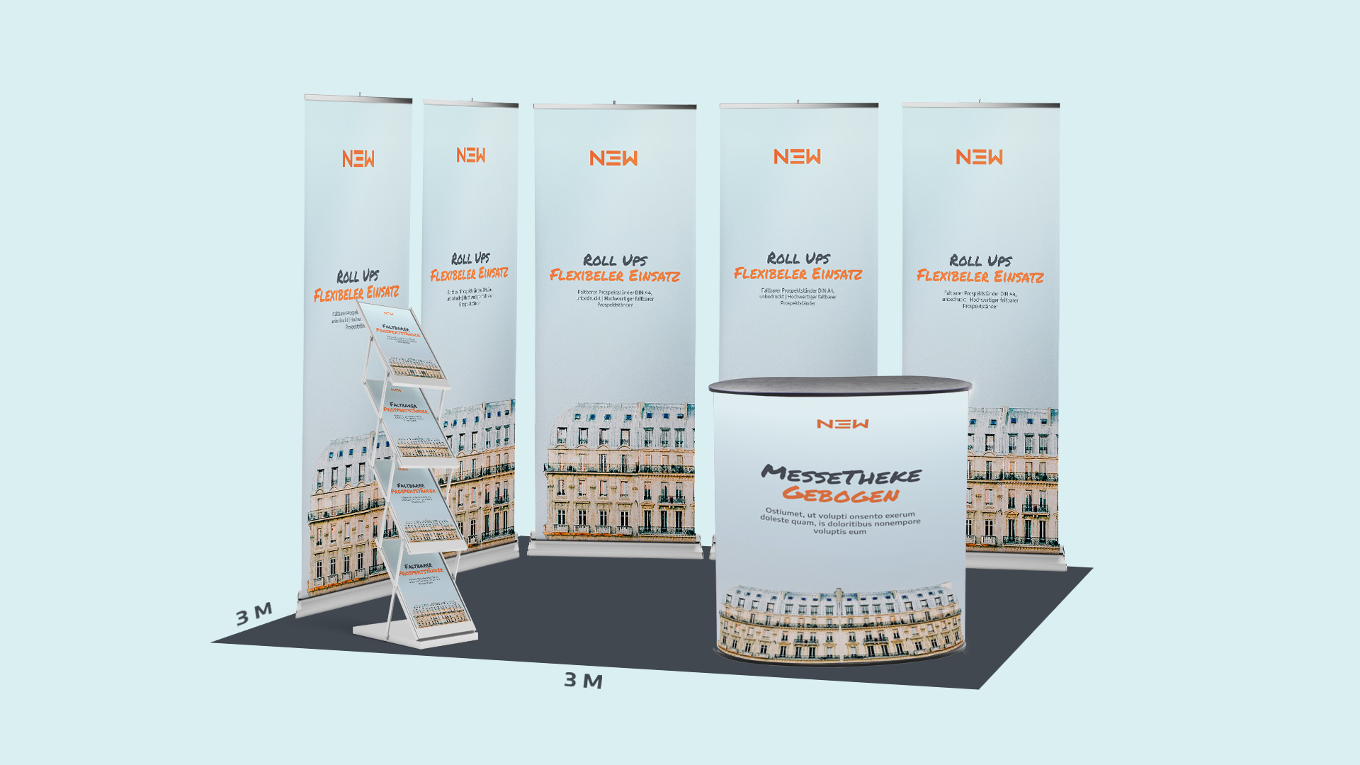 Messestand-Paket von N3W-Messeservice: Fünf Roll-Ups, eine gebogene Messe-Theke und ein Broschürenständer für einen 3x3 Meter Messestand mit 