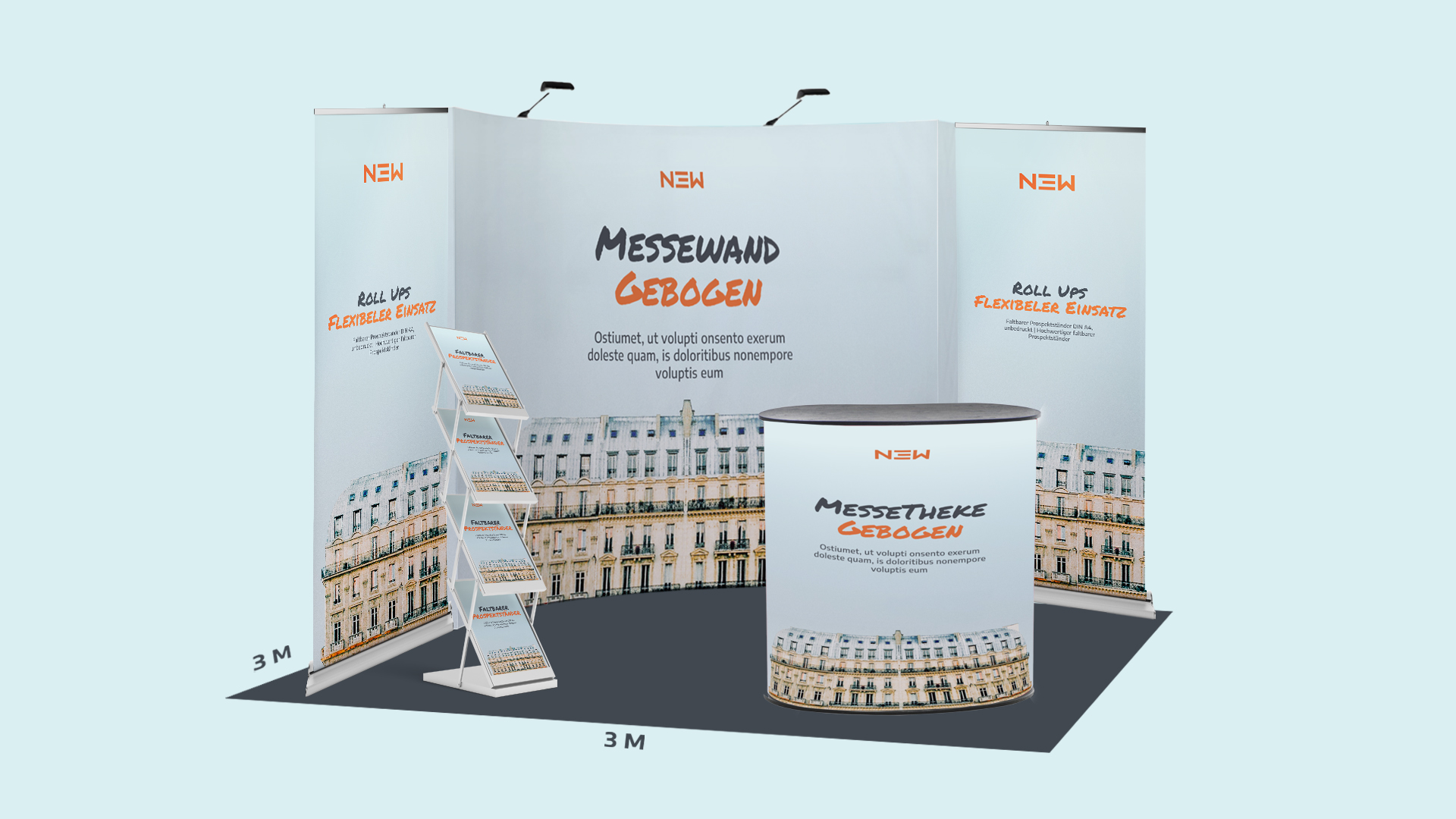 N3W-Messeservice Messestand-Paket mit gebogener Messewand, Roll-Ups, Broschürenständer und gebogener Messestheke (3x3m), perfekt für professionelle Messeauftritte.